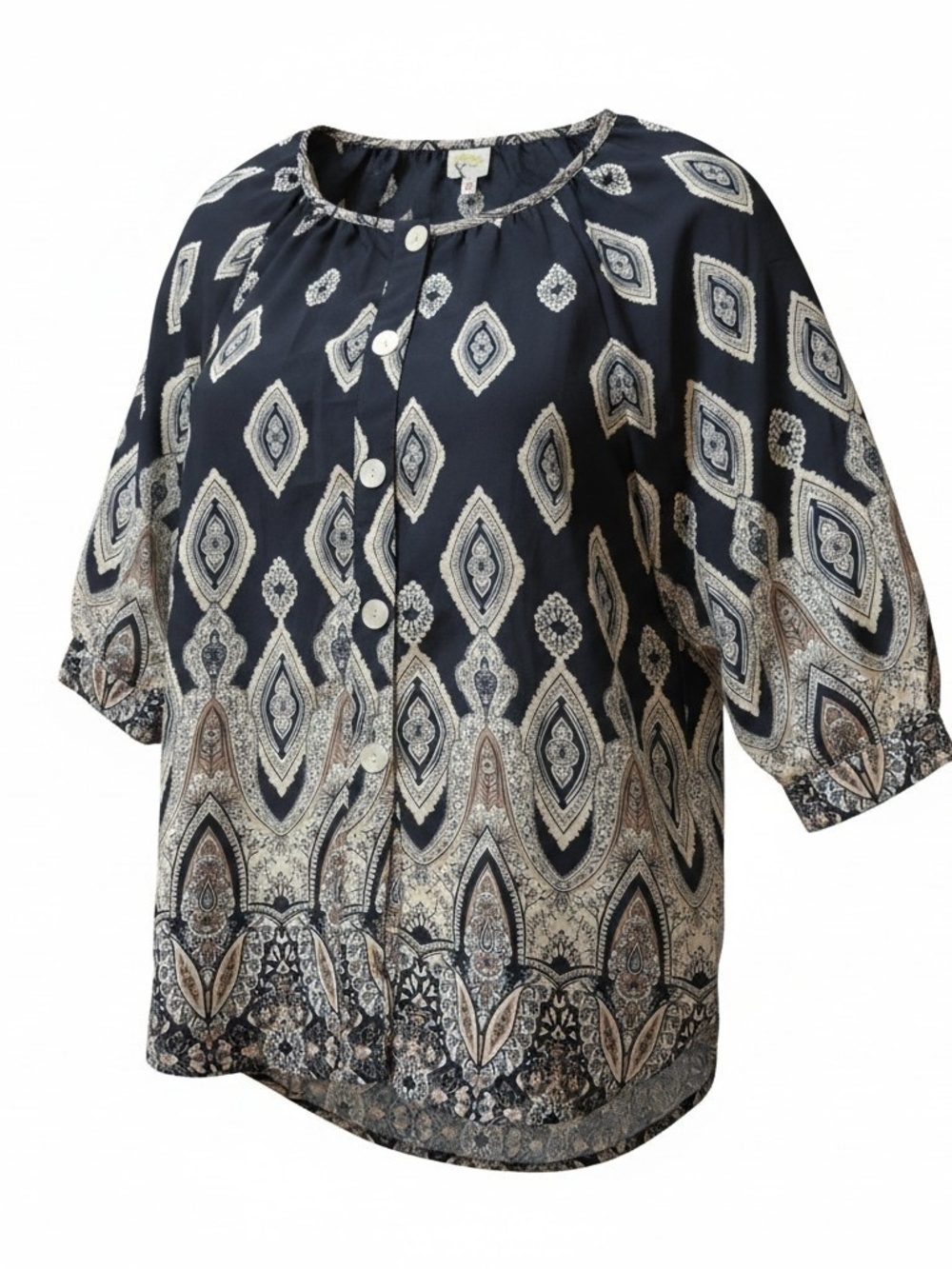 FIG & FLOWER | Boho Medallion Print Semi Sheer‎ Button Front Casual Blouse | L